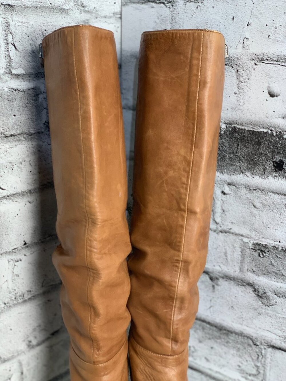 Miz Mooz Boots 8 Cognac Distressed Leather Tall Riding Knee High Heel Zip Boho - Picture 5 of 13